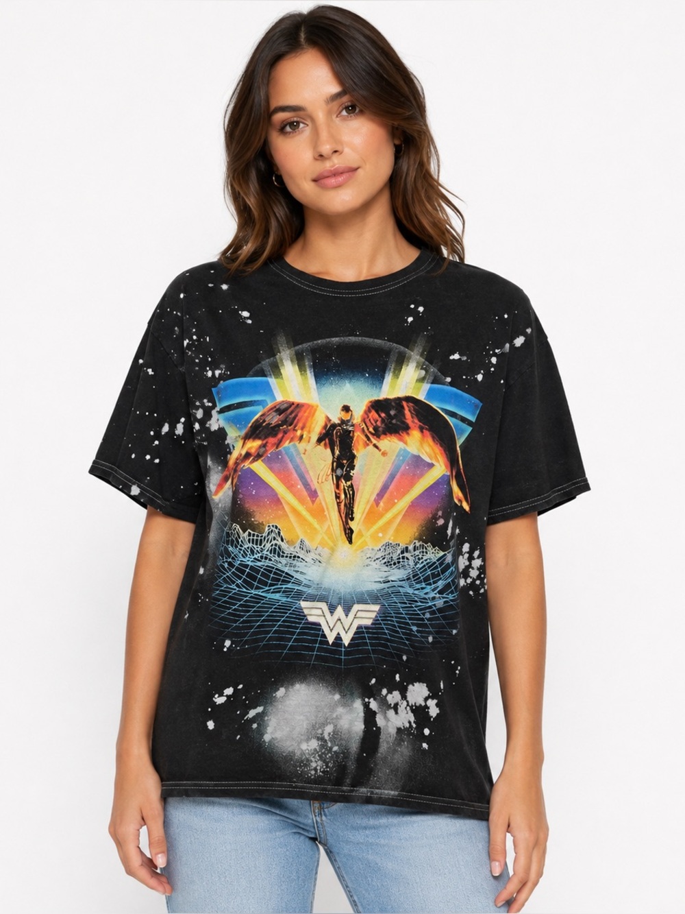 Wonder Woman 1984 WW84 Graphic Tee Large Black Bleach Splatter DC Comics